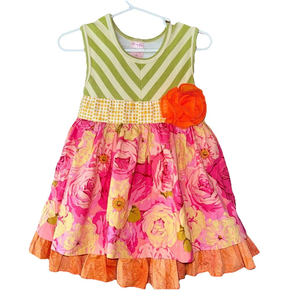Giggle Moon Girls Dress Floral Frilly Orange Green 4T